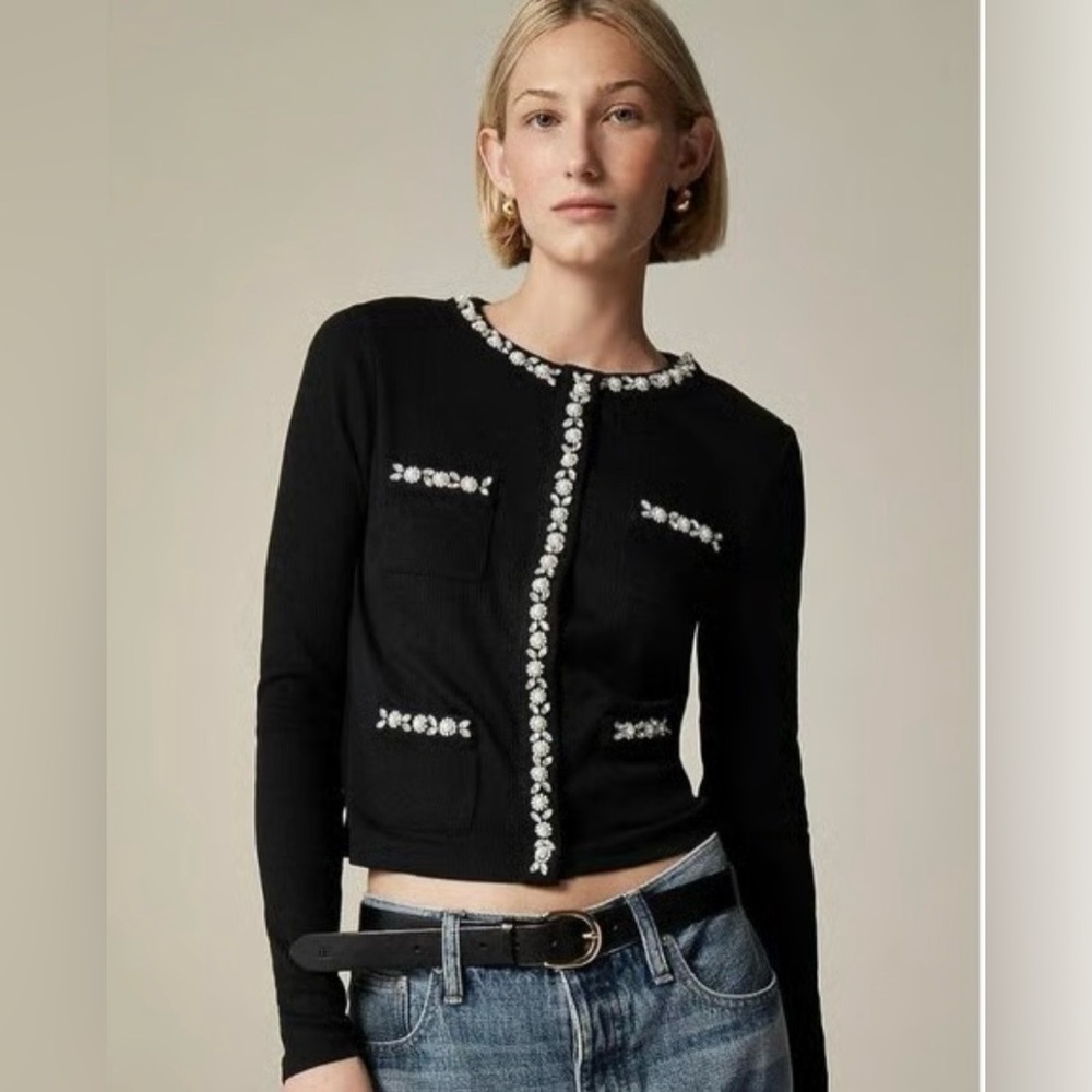 NWT J Crew Vintage Rib Lady Jacket Black with Pearl Trim - Size S